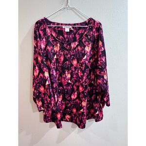 Allison Daley Woman 3X Black Pink Floral Long Sleeve Embellished Top
